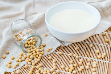 A bowl of soymilk and soybeans