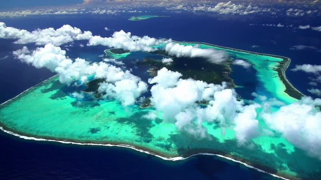 Aerial view of barrier reef on Tupai and Bora Bora Island South Pacific