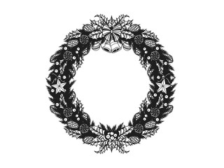 Set of christmas ornament silhouette on white background.Black and white christmas sticker vector by hand drawing