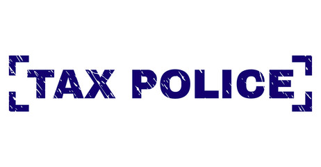 TAX POLICE label seal print with distress texture. Text tag is placed between corners. Blue vector rubber print of TAX POLICE with unclean texture.