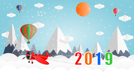 Airplanes and balloons float above the peak of snow-capped mountains in winter, during 2019 new year, vector illustration paper art style graphic design.