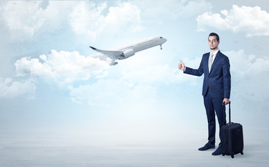 Obraz premium Elegant agent hitchhiking with departing airplane concept