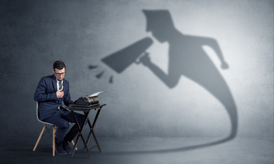 Hard working businessman shadow yelling to himself concept
