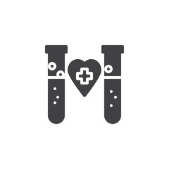 Blood donation vector icon. filled flat sign for mobile concept and web design. Test tubes and heart with medical cross simple solid icon. Blood test symbol, logo illustration. Pixel perfect vector