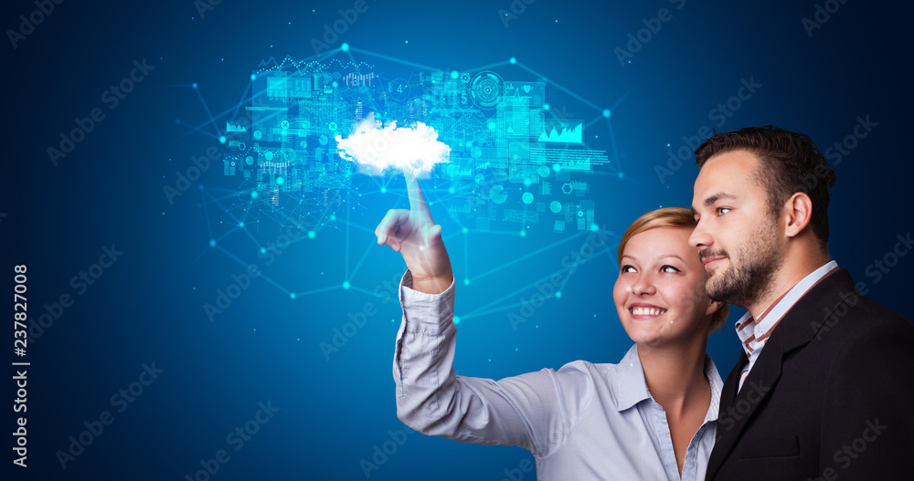 Poster Man and woman touching hologram projection displaying information from cloud based system
