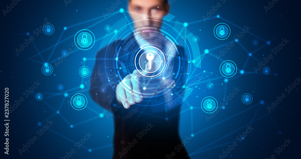 Aufkleber Man touching hologram screen displaying keys and locks