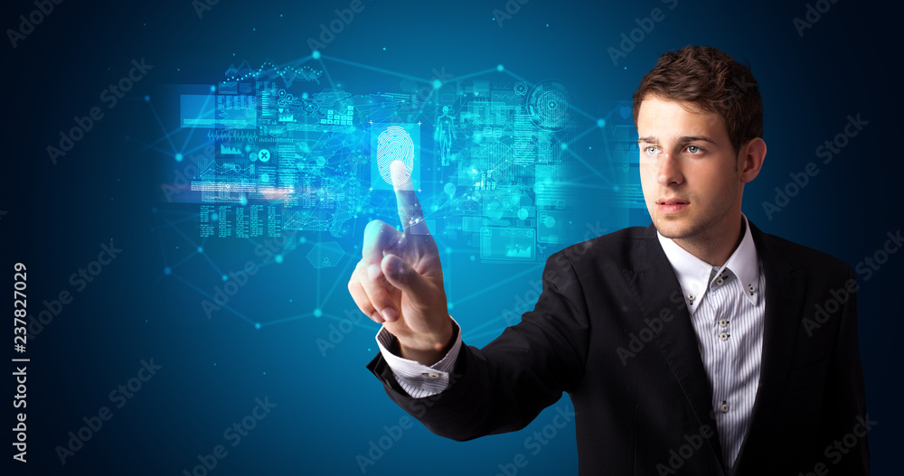 Aufkleber Man accessing modern hologram personal database with fingerprint identification