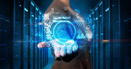 Woman holding hologram projection displaying biometric security concept
