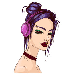 colorful vector suiside girl sketch illustration of gothic girl with black eyes, brow, nose, lip piercing, hair bun, wearing choker, headphones. handdrawn beautiful scary linear line art tattoo print.