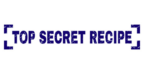 TOP SECRET RECIPE label seal print with corroded style. Text label is placed inside corners. Blue vector rubber print of TOP SECRET RECIPE with dirty texture.