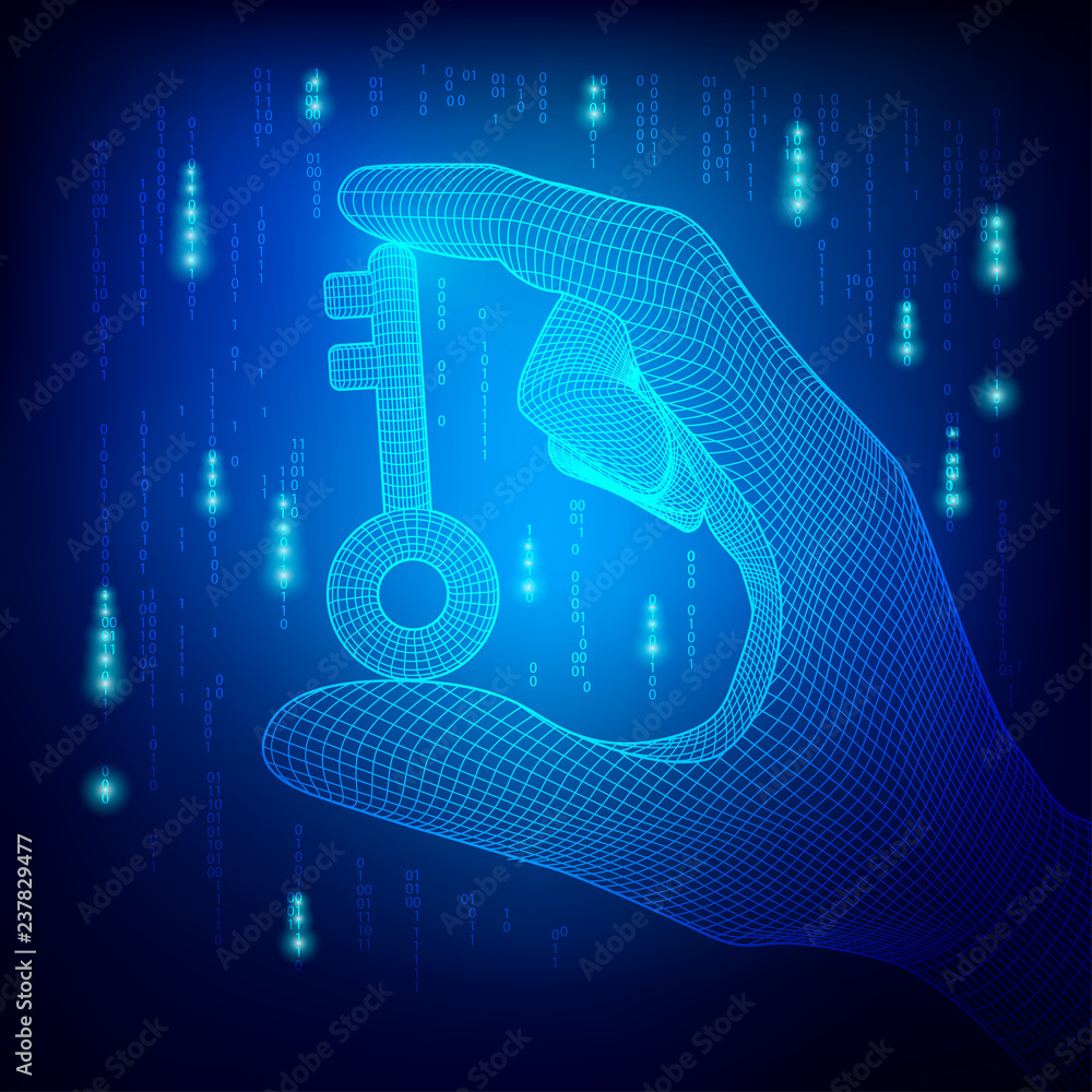 Poster wireframe hand holding wireframe key with dark-blue binary background, concept of digital security