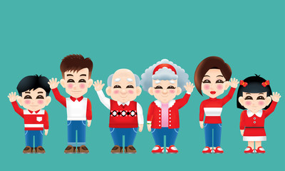 An oriental family with winter costume and one hand raised.