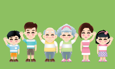 An oriental family with casual costume and one hand raised.