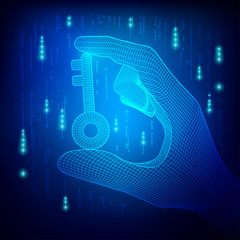 wireframe hand holding wireframe key with dark-blue binary background, concept of digital security