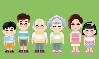 An oriental family with casual costume standing side by side.