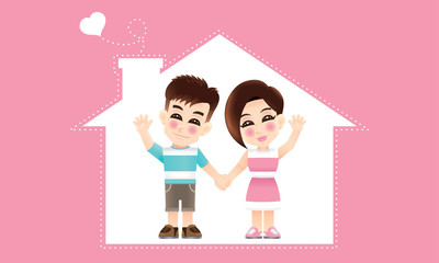 A young oriental couple with casual costume and a house background.