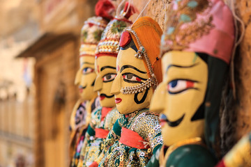 Rajasthani puppets (Kathputli) have been displayed on a shop at Jaisalmer Fort, Rajasthan....