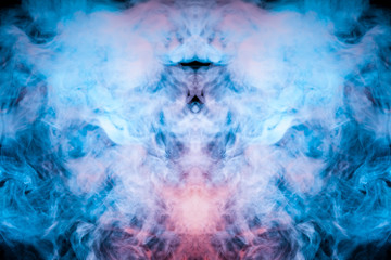 The ghostly drawing of an alien image in puffs of blue violet smoke on a black background. When looking at this drawing, a person can see any object, everything that he imagines in his head.