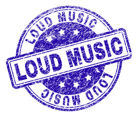 LOUD MUSIC stamp seal imprint with grunge texture. Designed with rounded rectangles and circles. Blue vector rubber print of LOUD MUSIC tag with grunge texture.