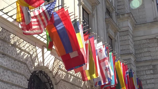 Flags of the OSCE participating States on the headquarters building in Vienna