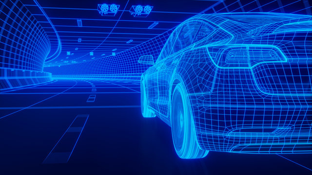 Blue Wireframe Modern Electric Car Rides Through Blue Tunnel 3d Rendering