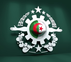 Mining industry emblem. Human arms and cog wheel. Sphere textured by flag of Algeria. 3D rendering