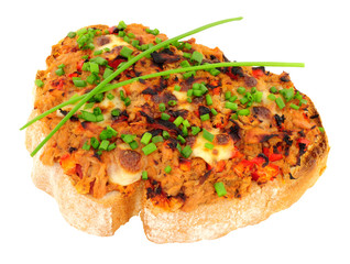 Grilled tuna fish and cheese on toast with chives isolated on a white background