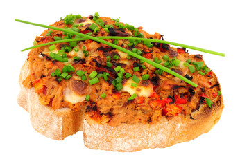Grilled tuna fish and cheese on toast with chives isolated on a white background