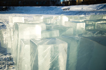 natural ice blocks from the lake in the sun
