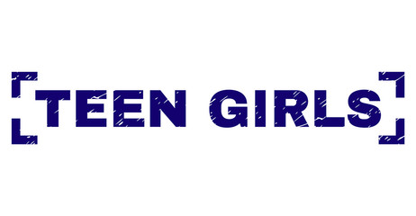 TEEN GIRLS label seal imprint with grunge effect. Text label is placed inside corners. Blue vector rubber print of TEEN GIRLS with grunge texture.