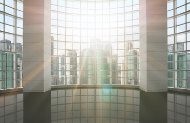 Isolated contemporary high-rise penthouse luxury design, geometric symmetry windows, view of skyline
