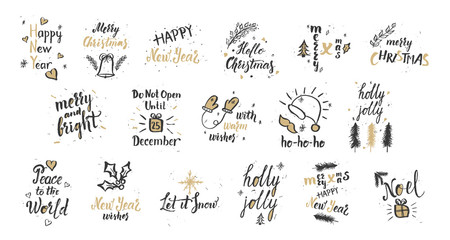 Merry Christmas. Happy New Year wishes and lettering phrases. Vector illustration