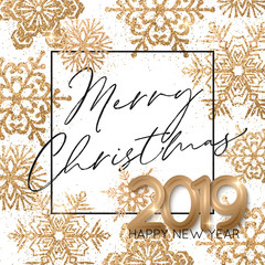 Happy New Year Background with gold 2019 numbers and snowflakes. Vector illustration