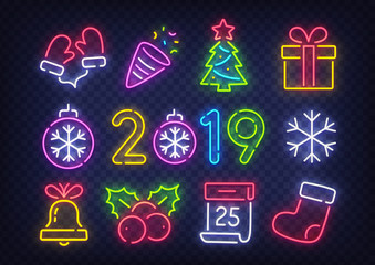 Isolated icon Christmas set. Happy New Year. Set neon icon, label, emblem. Bright signboard, light banner. Vector illustration - obrazy, fototapety, plakaty