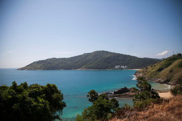 beautiful view of the rocks and the sandy beach from a height. phuket thailand