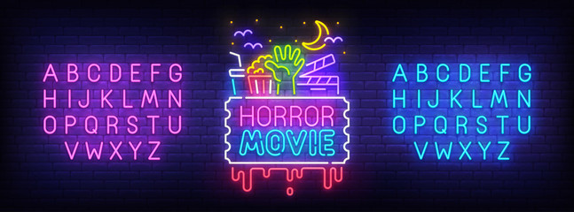 Horror movie neon sign, bright signboard, light banner. Night Cinema logo. Neon sign creator. Neon text edit. Vector illustration