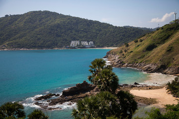 beautiful view of the rocks and the sandy beach from a height. phuket thailand