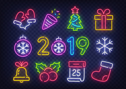 Isolated icon Christmas set. Happy New Year. Set neon icon, label, emblem. Bright signboard, light banner. Vector illustration