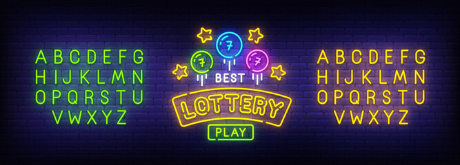 Lottery neon sign, bright signboard, light banner. Lotto logo. Neon sign creator. Neon text edit. Vector illustration