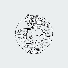 Cute balloonfish with wavy ocean. Nature exploration poster or label © Drekhann