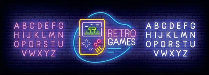 Retro Game neon sign, bright signboard, light banner. Game console logo. Neon sign creator. Neon text edit. Design template. Vector illustration © Vladyslav