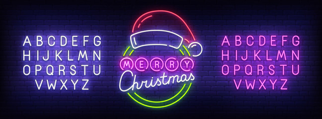 Merry Christmas neon sign, bright signboard, light banner. Merry Christmas and Happy New Year logo. Neon sign creator. Neon text edit. Design template. Vector illustration