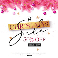 Christmas sale banner template with tree branch and colorful balls. Vector illustration