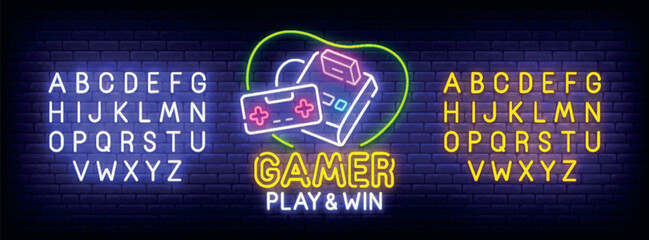 Gamer neon sign, bright signboard, light banner. Games logo. Neon sign creator. Neon text edit. Design template. Vector illustration © Vladyslav