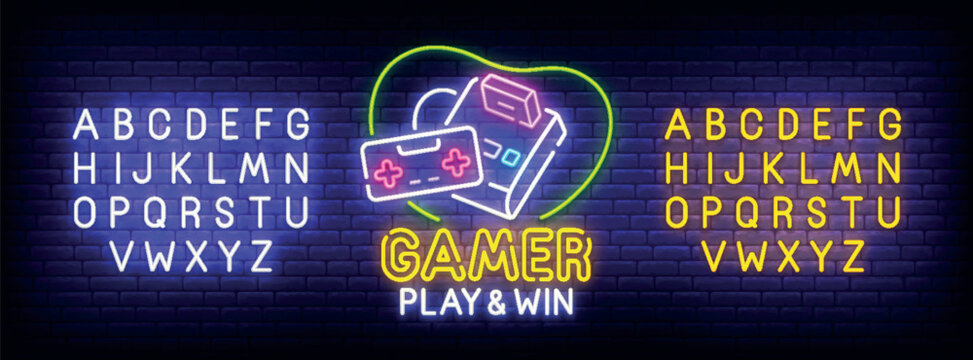 Gamer neon sign, bright signboard, light banner. Games logo. Neon sign creator. Neon text edit. Design template. Vector illustration - Powered by Adobe
