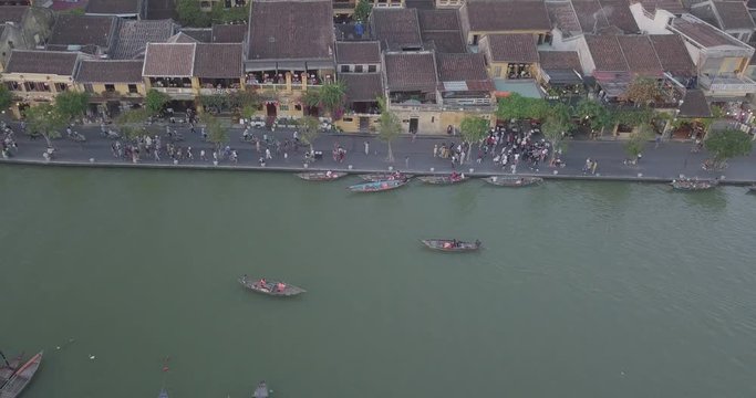 Aerial view of Hoi An old town or Hoian ancient town. Royalty high-quality free stock video footage top view of Hoai river and boat traffic Hoi An. Hoi An is one of the most popular travel in asia