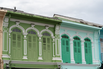 Phuket old town : Sino-Portuguese Architecture buildings. This architectural style is European mixed with Chinese modern, Thailand. Ancient window.
