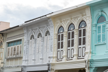 Phuket old town : Sino-Portuguese Architecture buildings. This architectural style is European mixed with Chinese modern, Thailand. Ancient window.