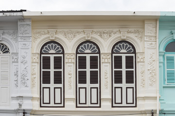 Phuket old town : Sino-Portuguese Architecture buildings. This architectural style is European mixed with Chinese modern, Thailand. Ancient window.