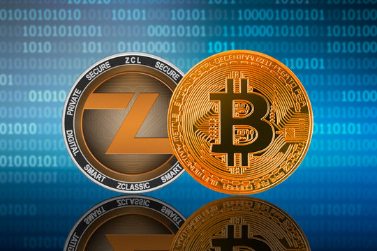 Bitcoin (BTC) and ZClassic (ZCL) coin on the binary code background; bitcoin vs zclassic